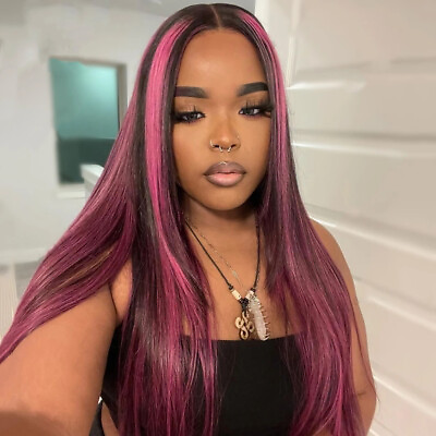 #ad Pink Highlight Straight Hair Wig Synthetic Wigs Lace Front Wigs T Part Party Wig $42.31