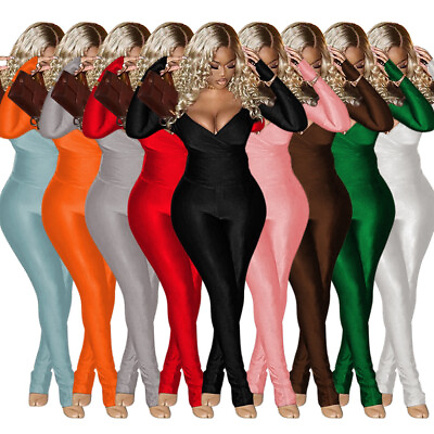 #ad Women Sexy V Neck Long Sleeve Bodycon Solid Color Pants Set Casual Club 2pcs $7.75