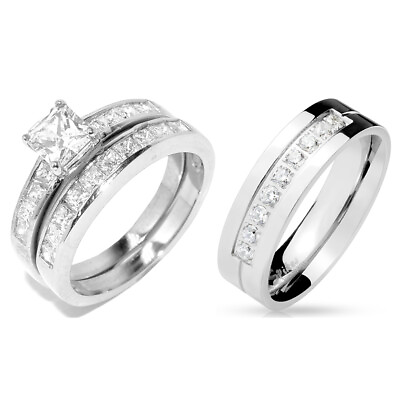 #ad 3 PCS Stainless Steel His 9 round CZs Band Hers Princess Cut CZ Wedding Ring Set $32.88