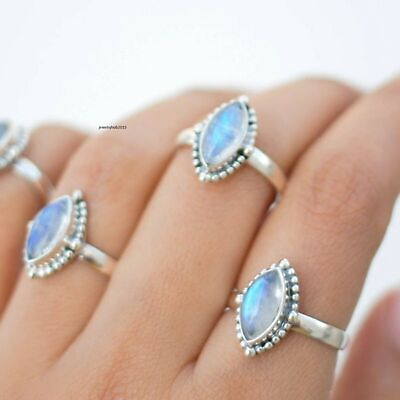 #ad Rainbow Moonstone Solid 925 Sterling Silver Handmade Unique Ring Size All AK692 $15.25