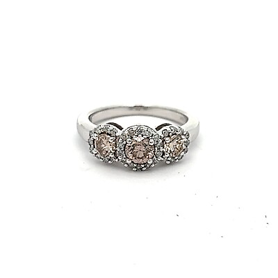 #ad Genuine Diamonds 3 Stone Champagne HALO Solid 14k White Gold Ring Free Sizing $1295.00