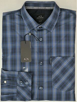 Armani Exchange AX Mens Shirt Long Sleeve Blue Navy Plaid Slim Fit $85 $22.39
