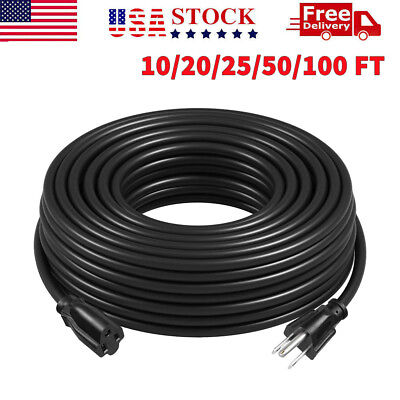 #ad 10 25 50 100 FT Heavy Duty Extension Power Cord Electrical Cable Indoor Outdoor $13.29
