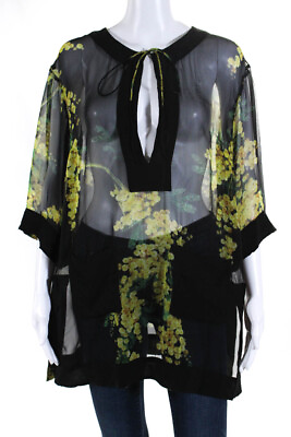 Dolce amp; Gabbana Womens 3 4 Sleeve V Neck Floral Sheer Blouse Black Yellow IT 42 $149.99