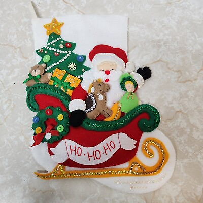 #ad Vtg Handmade Felt Applique Stocking Holiday Christmas Santa in Sleigh Ho Ho Ho $89.99