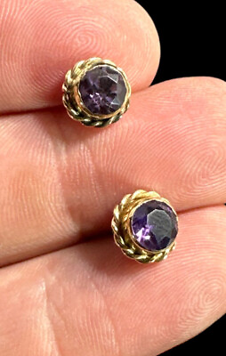 #ad 14k Earrings Yellow Gold and Amethyst Round Stud Earrings 2.2 Grams $179.10