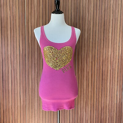 #ad Vintage Y2K Pink by Victoria#x27;s Secret Sequin Beaded Heart Tank Top Shirt Sz M $35.00