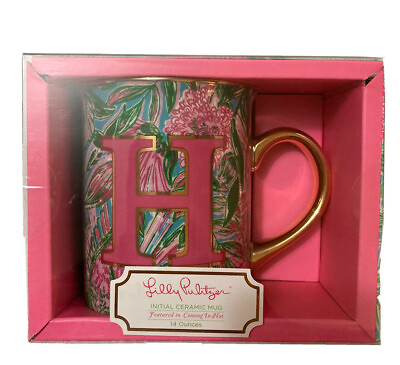 #ad Lilly Pulitzer Initial H Coffee Mug 14 oz Gold Handle New Gift Coming In Hot $24.89