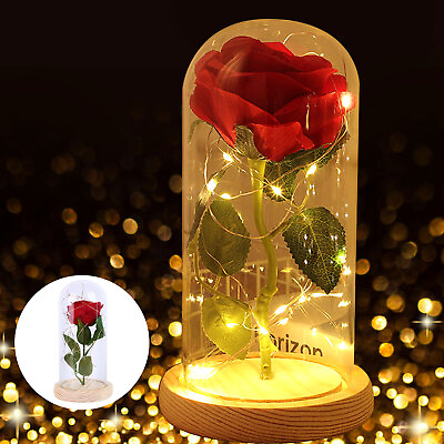 #ad WR Lighted Beauty and the Beast Enchanted Gold Foil Rose In Glass Dome Love Gift $17.98