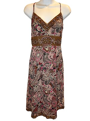 #ad ECI New York Beaded Silk Dress SIZE 4 Midi Brown Floral Boho Festival Y2K $39.99