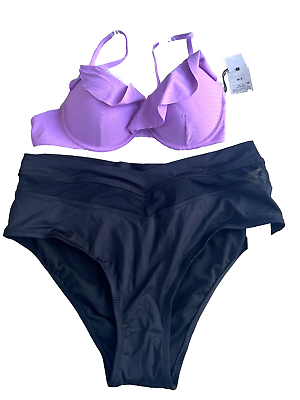 #ad Shade amp; Shore Womens 36B XL Bikini Set Black Purple Swimwear $11.99