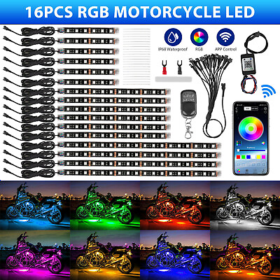 #ad 16PCS Motorcycle RGB LED Strip Light Under Glow Neon Kit Bluetooth APP Control $38.98