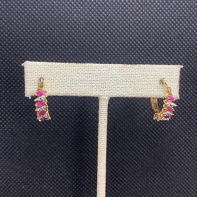 #ad Gold amp; Sterling Silver Synthetic Ruby amp; Diamond Accent Semi Hoop Earrings 5mm $30.00