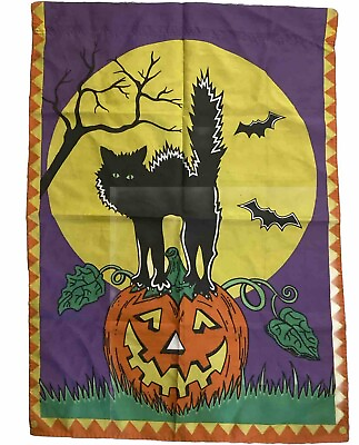 #ad VINTAGE 90s Halloween Banner Outdoor Flag Black Cat Jack O Lantern 29 x 42” $9.99