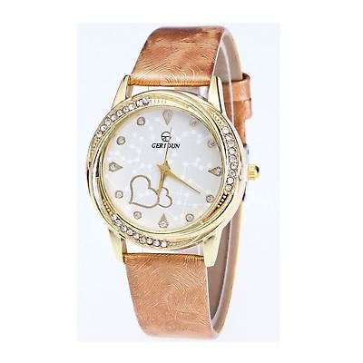 #ad Beige Brown Gold Heart Watch Pink Love Time Elegant Ladies Present Girls Gift GBP 14.99
