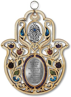#ad Hamsa Home Blessing Hand Of Fatima Wooden with Semi precious Stones Plaque $35.00