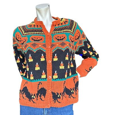 #ad Vintage Halloween Pumpkin Black Cat Autumn Themed Knit Cardigan Small Petite $49.99