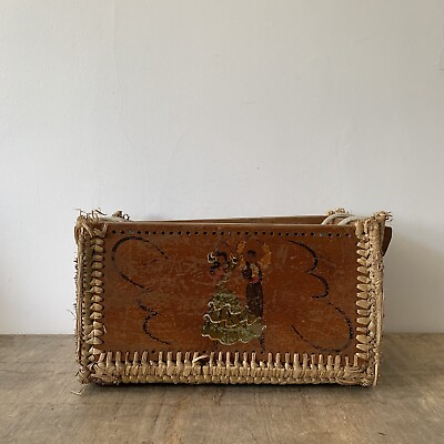 #ad Vintage 1960s Spanish Basket Wood Straw Matador Flamenco Painted Storage Box GBP 20.00