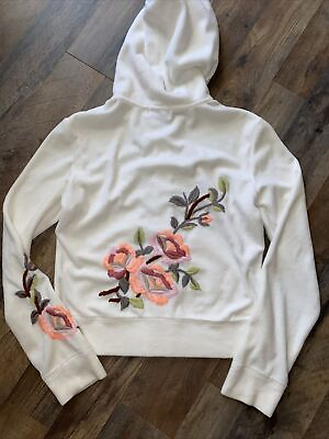 #ad Juicy Couture Beige Terry Rose Embroidery Detailed Hooded Y2K Large Track Jacket $40.00