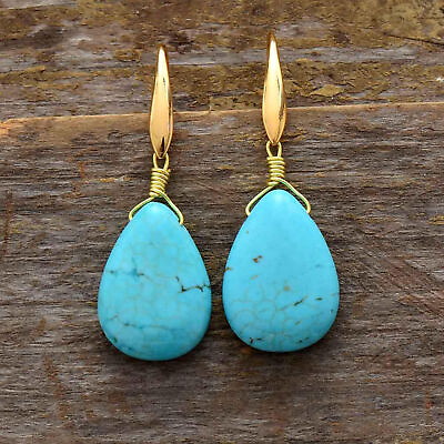 #ad Natural Turquoise Stone Drop Earrings Teardrop Gold Hook for Healing Handmade $9.98