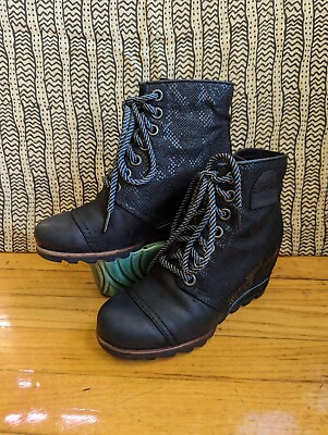 #ad Sorel 1964 Premium Wedge Black Bootie Size 7 Women Snake pattern Suede Lace up $65.00