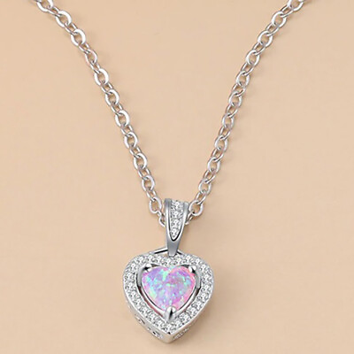 #ad 925 Sterling Silver Womens Pink Fire Opal Chain Link Heart Pendant Necklace D681 $26.95