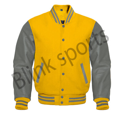#ad Letterman Varsity Bomber Yellow Wool Body And Grey Leather Sleeves jacket Unisex $89.99