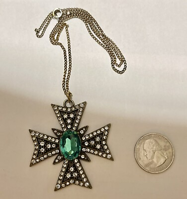 #ad Vintage NOS Bronze Maltese Cross Pendant Green Rhinestone Center Clear Stone 19” $39.99