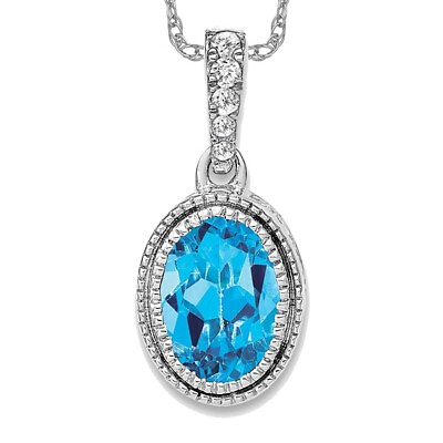 #ad 14K White Gold Oval Blue Topaz Diamond Necklace Charm Gemstone Pendant Chain ... $724.00