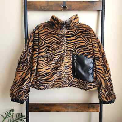 #ad Blank NYC Women Leopard Animal Print Faux Fur Casual Bomber Crop Jacket Size L $112.50