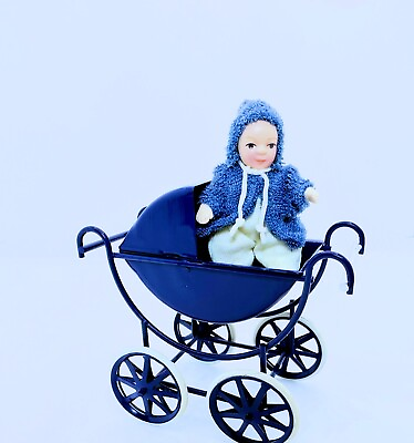 #ad Dollhouse Miniature Royal Blue Doll#x27;s Carriage Pram 1:12 Scale $15.99