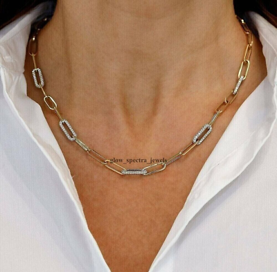 #ad 10CT Simulated Diamond 14K Two Tone Gold Finish Paper Clip Chain Link Necklace $250.30