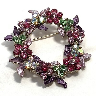 #ad VINTAGE 80s Enamel Crystal Rhinestone Flower Wreath PIN Pink Purple Green $14.95