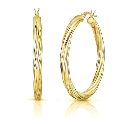 #ad 925 Sterling Silver 14K Yellow Gold Plated Twisted Hoops Earrings Gift 40mm $9.99