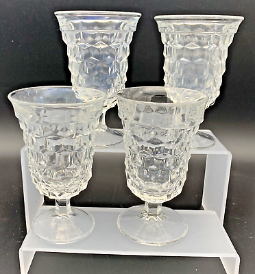 #ad Fostoria American Glass Four 4 Low Footed Water Goblets 5 1 2quot; Vtg Cube Design $28.00