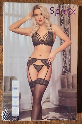 #ad SPICEX 4 Pc. Bra Garter Thong Stockings Lace Push Up Lingerie S M #31127 $11.99