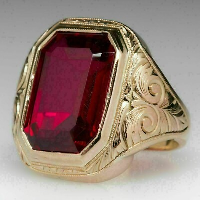 #ad Men#x27;s 4.10 CT Red Ruby Emerald Cut Wedding Ring In 18K Yellow Gold Over Sizable $199.99