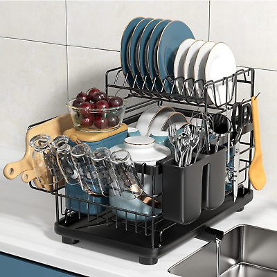 #ad 2 Tier Dish Drying Rack with Drainboard Cutlery Holder Kitchen Counter Storage $68.39