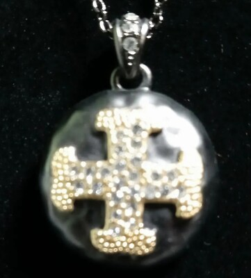 #ad Maltese Cross Pendant Necklace Filigree Gunmetal Reversable Rhinestones Jewelry $9.95