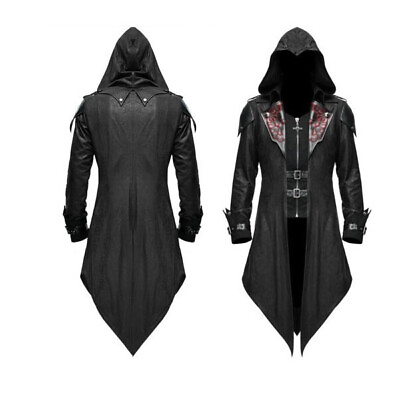 #ad Devil Fashion Mens Steampunk Gothic Hooded Leather Jacket Coat Halloween Cosplay $122.19