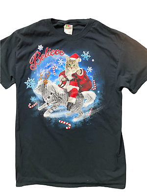 #ad Santa Cat Believe Christmas Mens T Shirt Medium Black Solid Cotton Short Sleeve $16.97