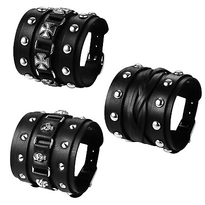 #ad Mens Punk Wide Skull Cross Braided PU Leather Bracelet Adjustable Cuff Wristband $11.99