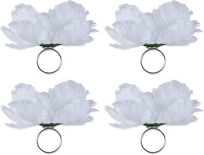 #ad DII Beautiful Peony Flower Napkin Rings White 4 Piece $20.39