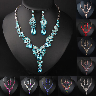 #ad Women Crystal Necklace Earrings Bib Choker Bridal Statement Wedding Jewelry Sets C $17.53