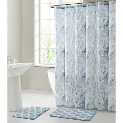#ad Blue Printed 15 Piece Polyester Shower Curtain Bath Set $19.21