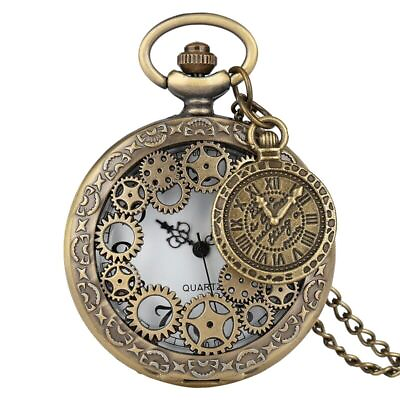 #ad Steampunk Bronze Hollow Out Unisex Quartz Pocket Watch Necklace Chain Xmas Gift $4.59