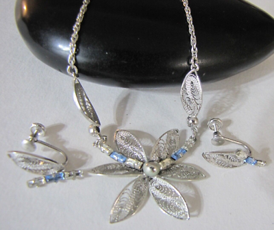 #ad Vintage Carl Art Earring Necklace Set Sterling Silver Filigree Blue Rhinestones $65.00