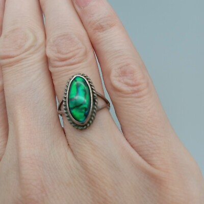 #ad Native American Navajo STC Green Abalone Shell 925 Sterling Silver Ring Sz 5.5 $37.99