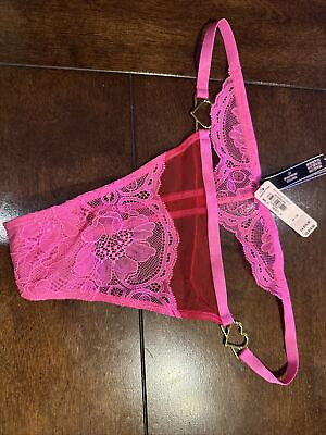 Victoria Secret Panty Thong Medium Pink Lace Gold Hearts Dream Angels New W Tag $14.10