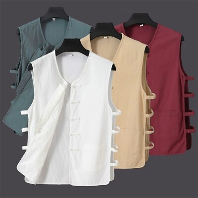 #ad Men Waistcoat Chinese Tang Suit Sleeveless Shirt Top Gilet Tee Frog Button Solid $31.14